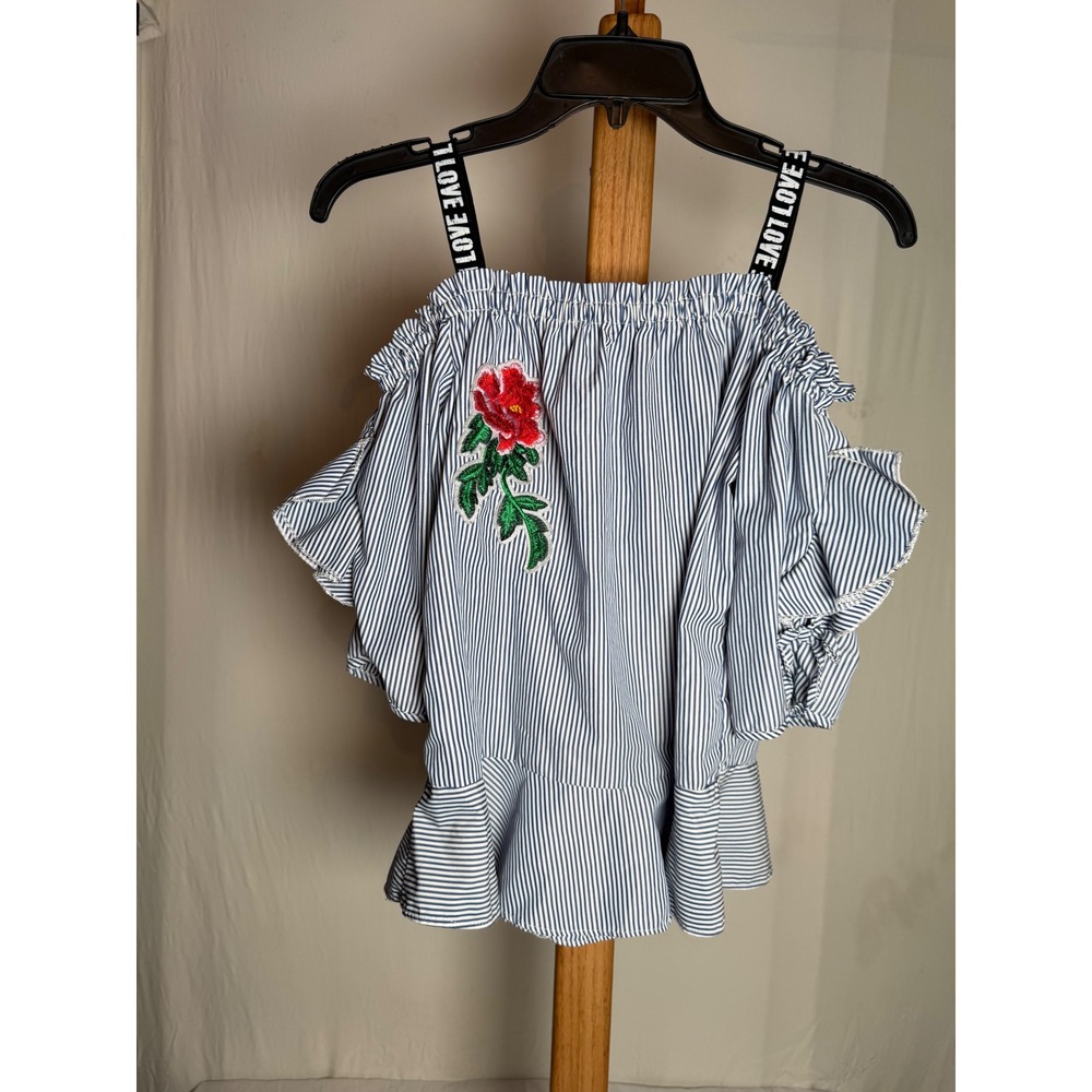 Kidpik Girls Blue White Striped‎ Cold Shoulder Rose Embroidered Top Size L 12